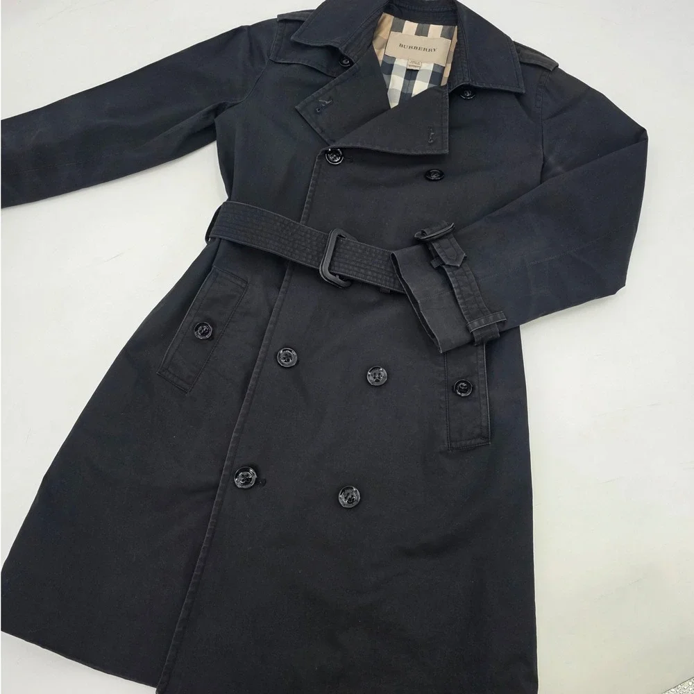 BURBERRY TRENCH COAT KIDS SIZE 8 YOUTH BLACK DOUBLE BREASTED NOVA CHECK LINING